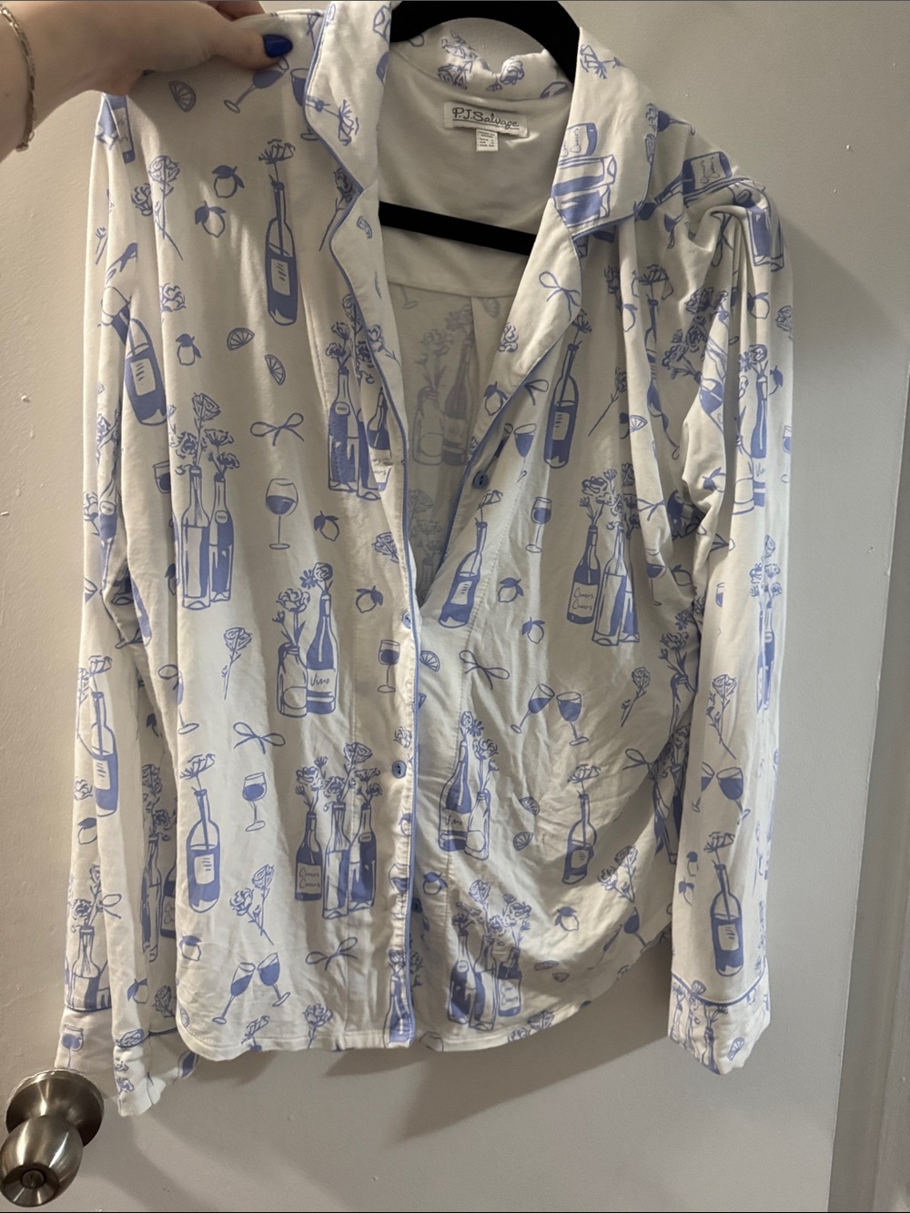 PJ Salvage Cream Button-Up with Blue Bottle Print